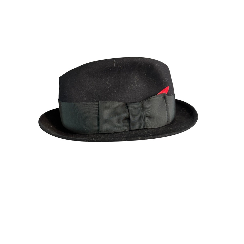 Vintage Stetson Black Wool Felt Fedora Hat Kennedy's Kushon Konform Red Feather